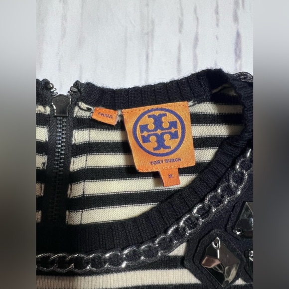 Tory Burch Black and Cream Striped Blouse with Embellishments - Picture 2 of 3